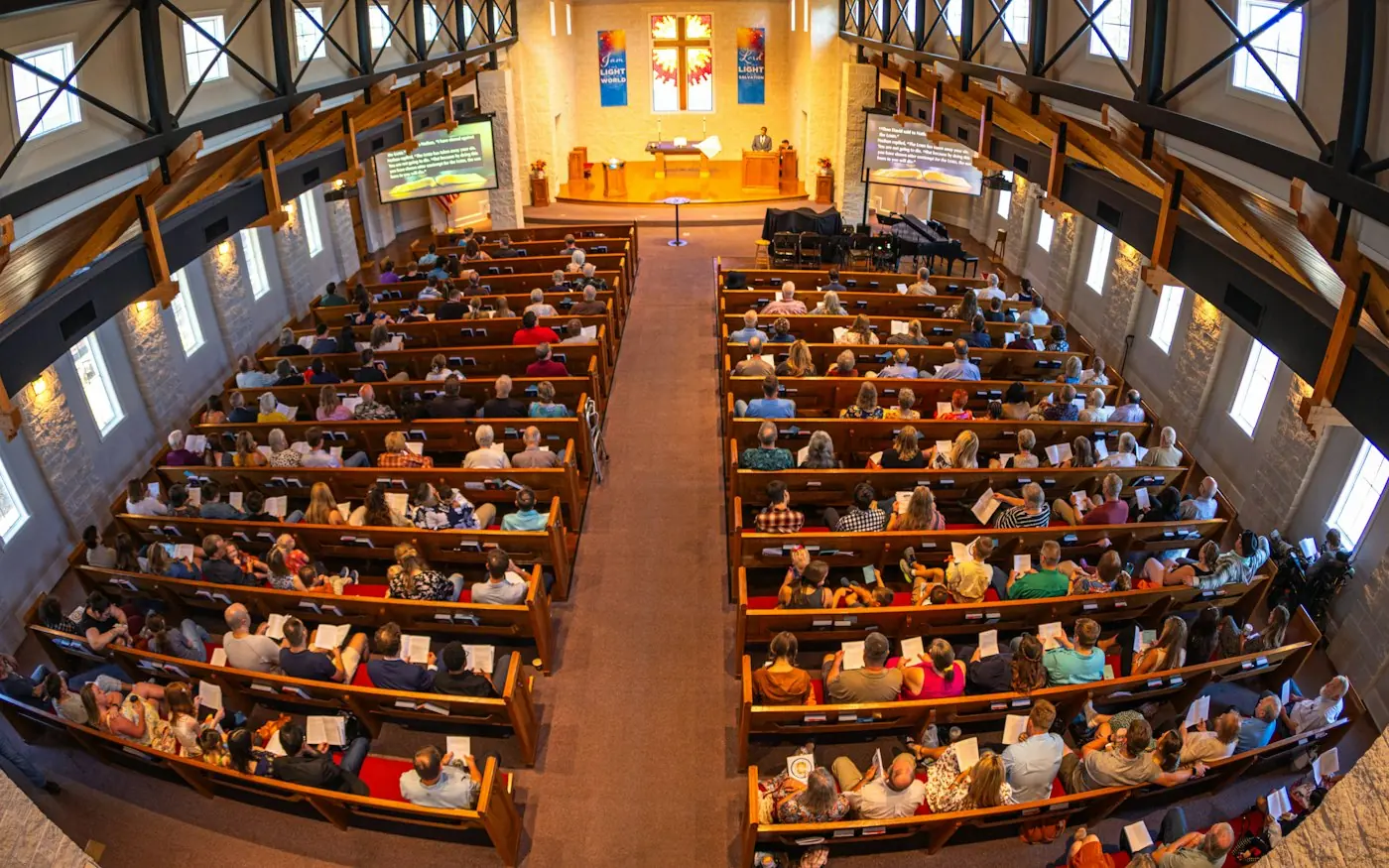 A full sanctuary seen from the balcony
