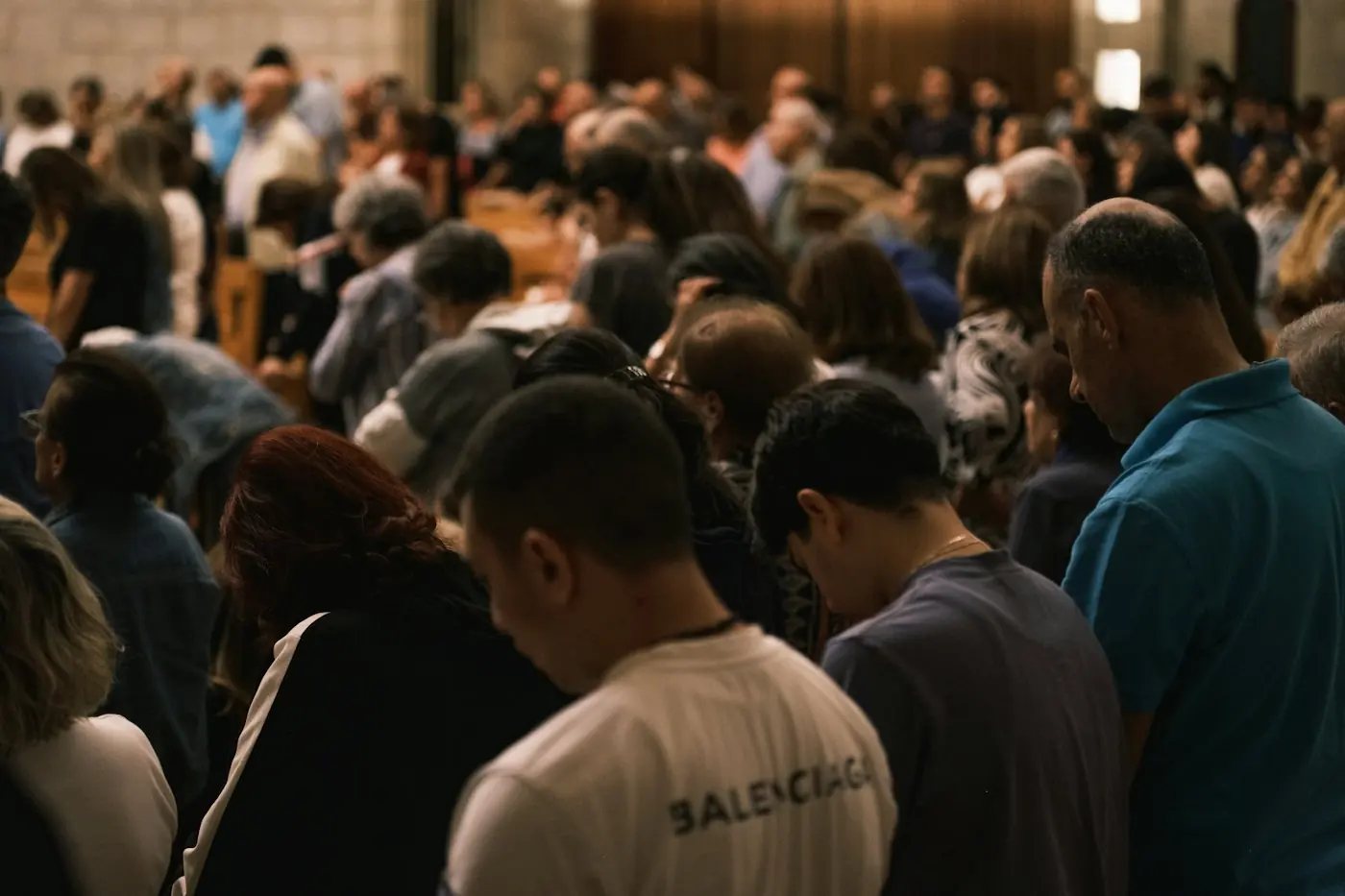 A congregation with heads bowed in prayer